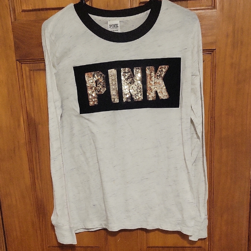 PINK Victoria's Secret Long Sleeve Tee - White with Black and Gold Accents